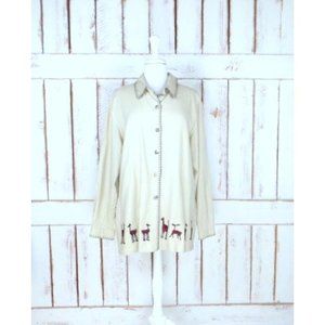 Vintage tan linen embroidered llama deer tunic button down top